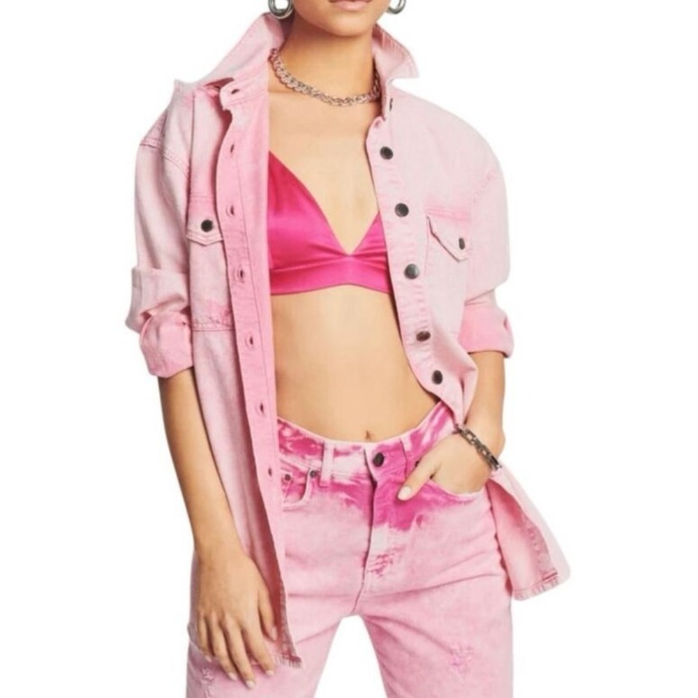Retrofete Pink Distressed Denim Trucker Jacket Barbiecore Y2K NWT Size S
